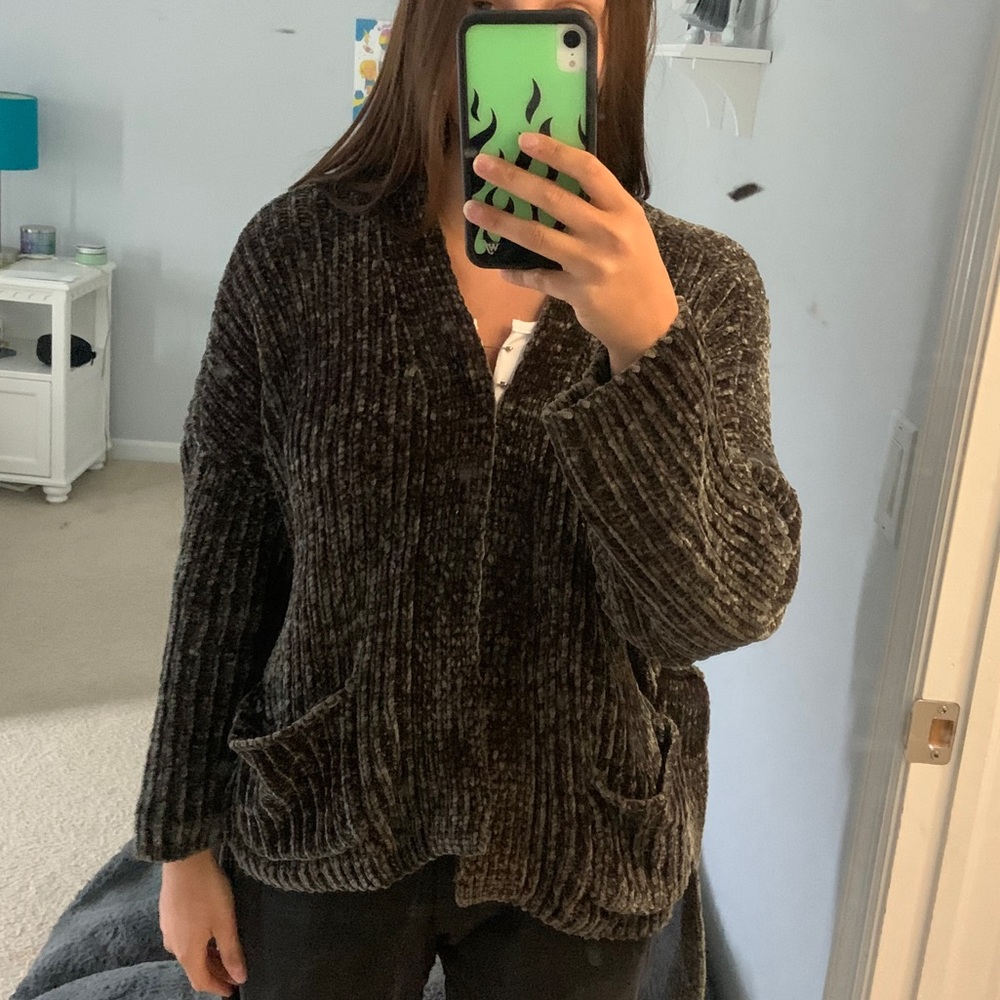 Pacsun dark green chenille tie front cardigan